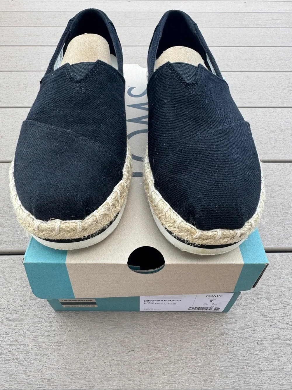 TOMS Woman’s Black Canvas Espadrille with Tan Accent